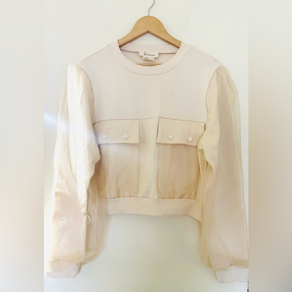 Anthropology Utility Pocket Pullover Sweater Womens Cream Sheer‎ Crew Neck Sz L - Picture 2 of 9